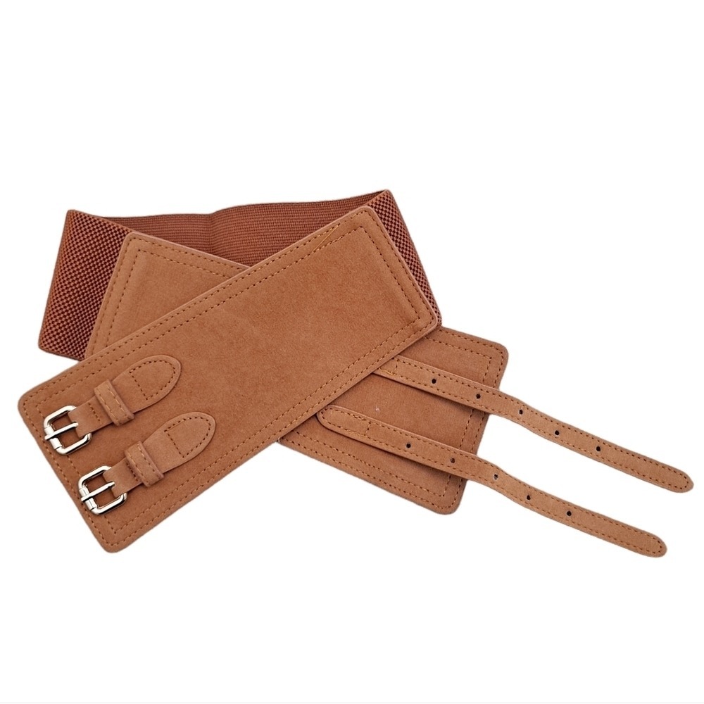 Western Wide faux suede leather waist belt double buckle Boho Brown corset - Picture 11 of 11